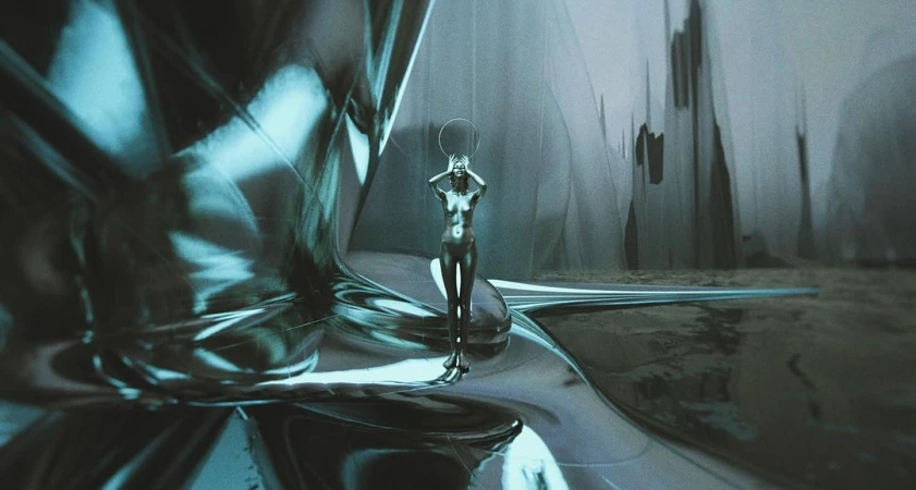 Striking digital art features a stylized female figure with a halo, set against a surreal background with liquid textures and muted colors.