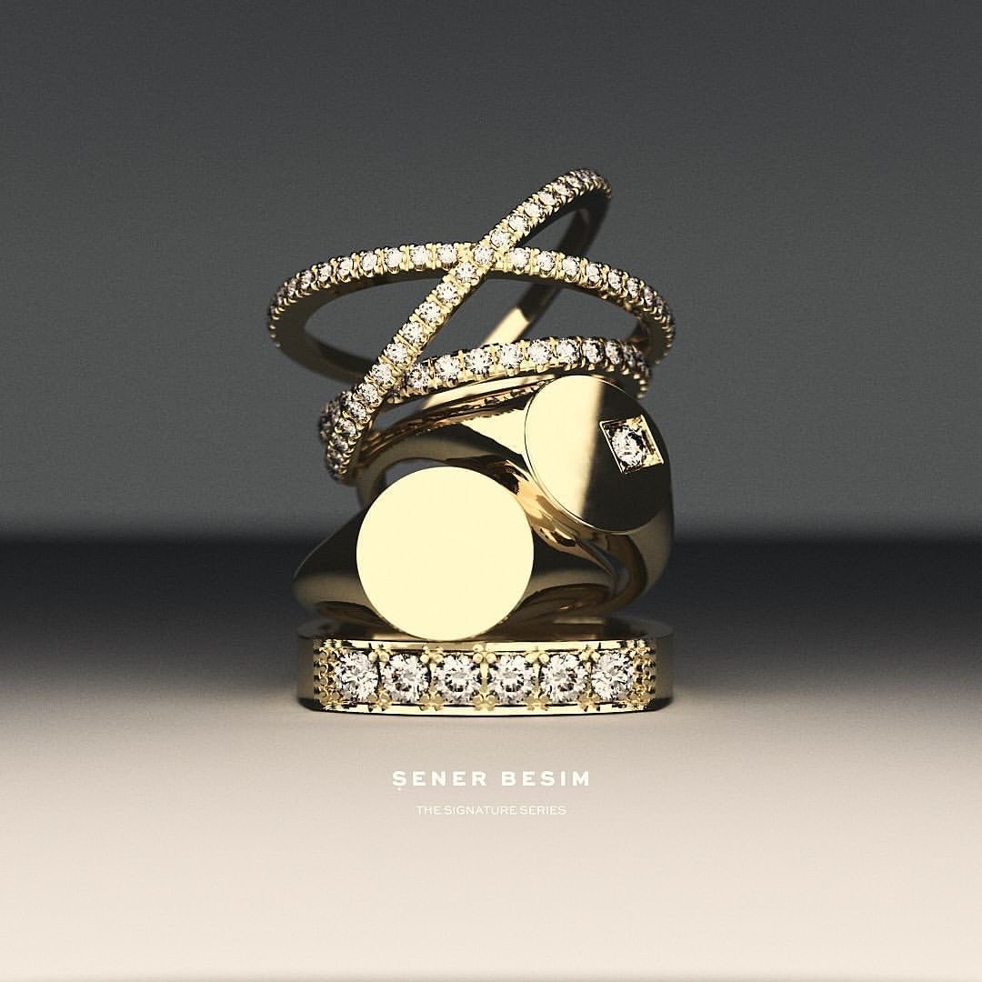 Elegant still life showcasing a stack of gold rings, some adorned with diamonds, against a neutral backdrop, capturing luxury and jewelry design.