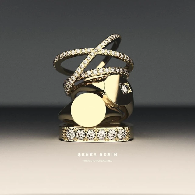 Elegant still life showcasing a stack of gold rings, some adorned with diamonds, against a neutral backdrop, capturing luxury and jewelry design.