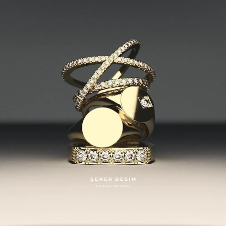 Elegant still life showcasing a stack of gold rings, some adorned with diamonds, against a neutral backdrop, capturing luxury and jewelry design.