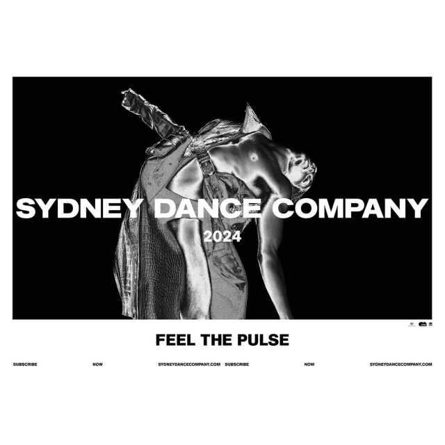 Striking monochrome image promoting Sydney Dance Company 2024, featuring a dancer in draped fabrics against a stark black background.