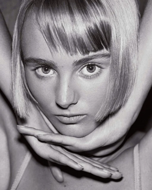 Close-up portrait of a young fair-skinned woman with blonde bob, her hands framing her face, in a monochromatic indoor setting.