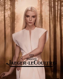 Anya Taylor Joy wearing a white sleeveless dress and a gold watch against a misty forest background