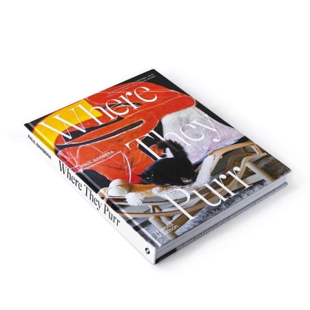 Hardcover book titled Where They Purr by Paul Barbera resting on a plain white background surface.