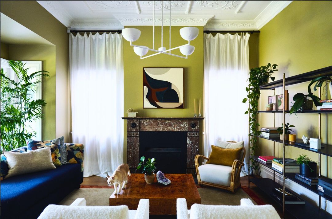 Living room with a fireplace, a sofa, armchairs, a bookshelf, a dog and plants in a home interior with a modern chandelier.