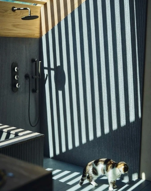 Calico cat explores a modern bathroom with gray walls, wood accents, and unique slatted shadow patterns, creating a minimalist scene.