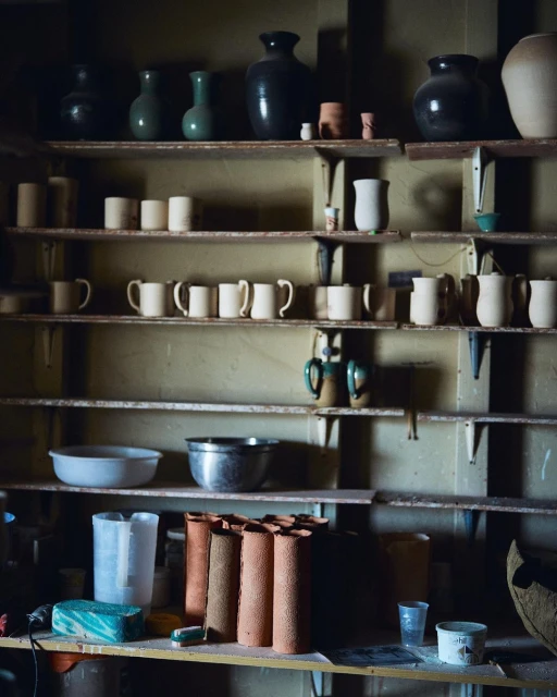 Various ceramic pottery and cups are arranged on shelves in a dimly lit room, creating a rustic and artistic studio scene.