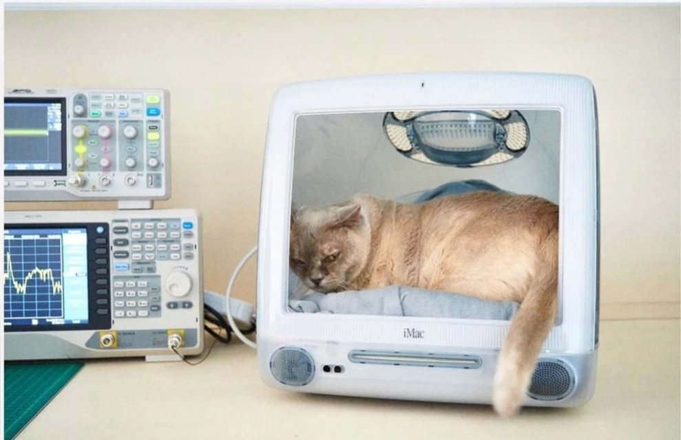 Domestic shorthair cat rests inside a repurposed vintage iMac computer; electronic testing equipment sits on the left, indoor setting.