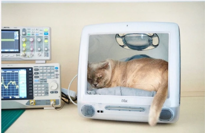 Domestic shorthair cat rests inside a repurposed vintage iMac computer; electronic testing equipment sits on the left, indoor setting.
