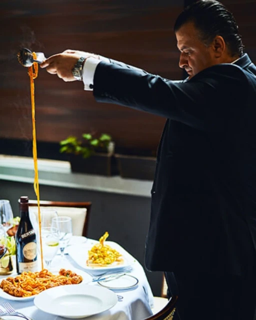Adult male in suit serving pasta with a spoon above a table in a restaurant, multiple plates, bottle of wine, and glassware.