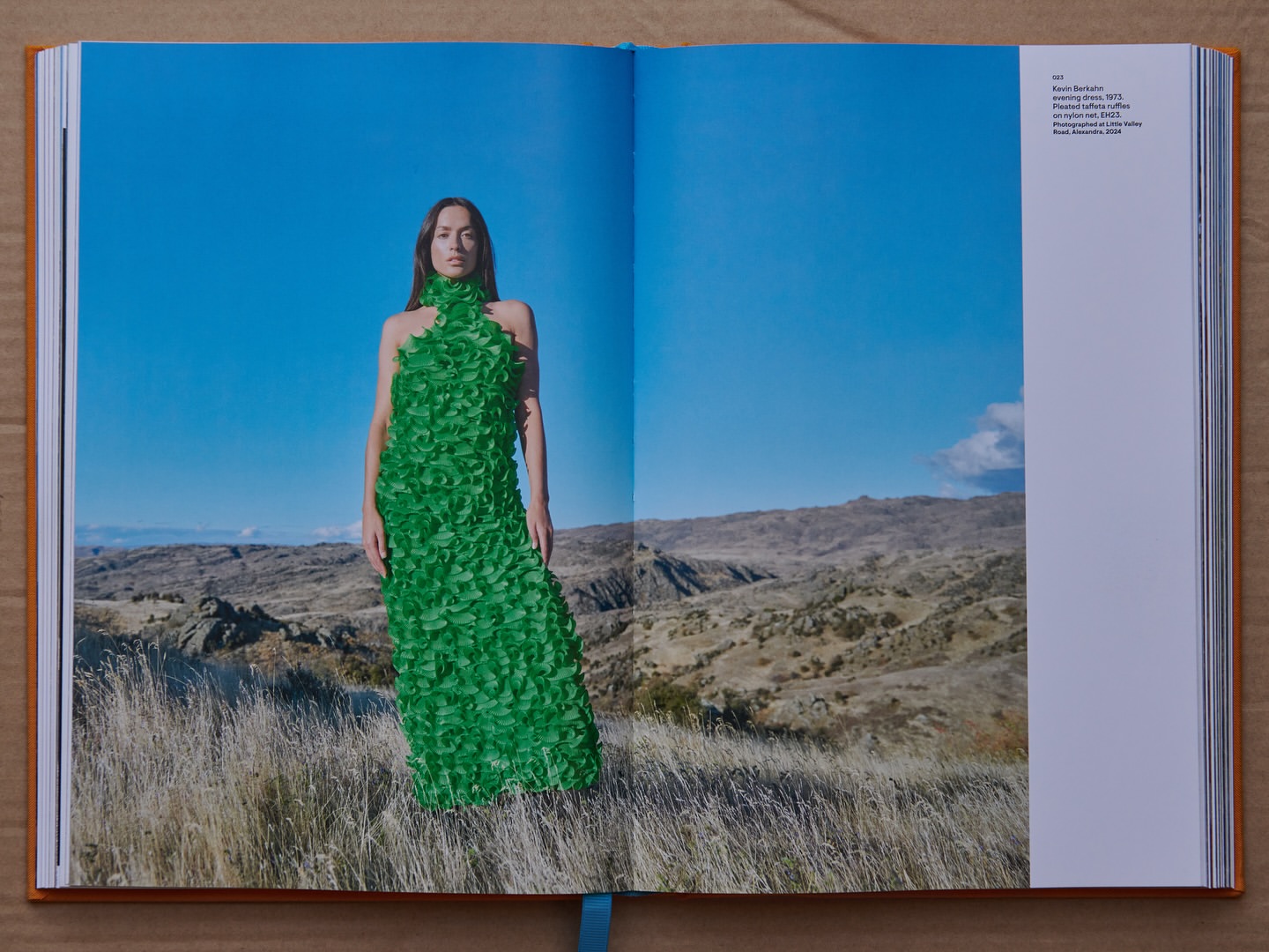 A fashion shot in an open book features a woman in a green dress standing in a grassy field with a mountain range and blue sky behind.