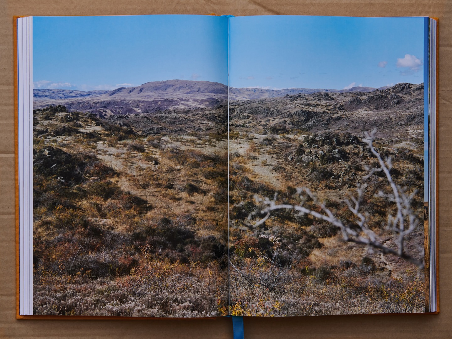 Open book displaying a landscape photograph of a mountain range with sparse vegetation, shot under a clear blue sky.