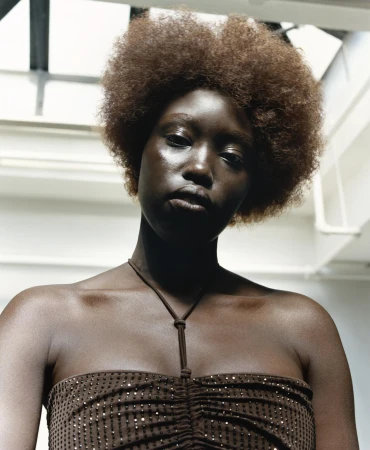 Portrait of a black woman with voluminous natural hair wearing a brown strapless top and thin necklace, shot from below.
