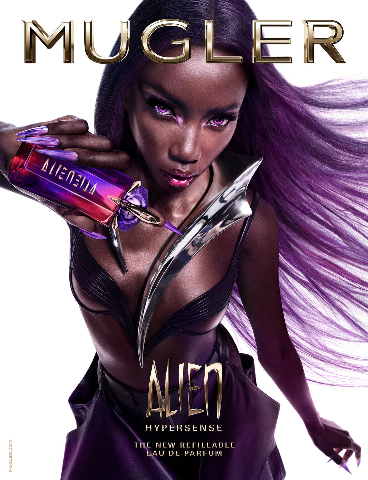 A dark-skinned woman with purple hair is featured in a beauty ad, holding a unique perfume bottle and wearing decorative silver body accents.