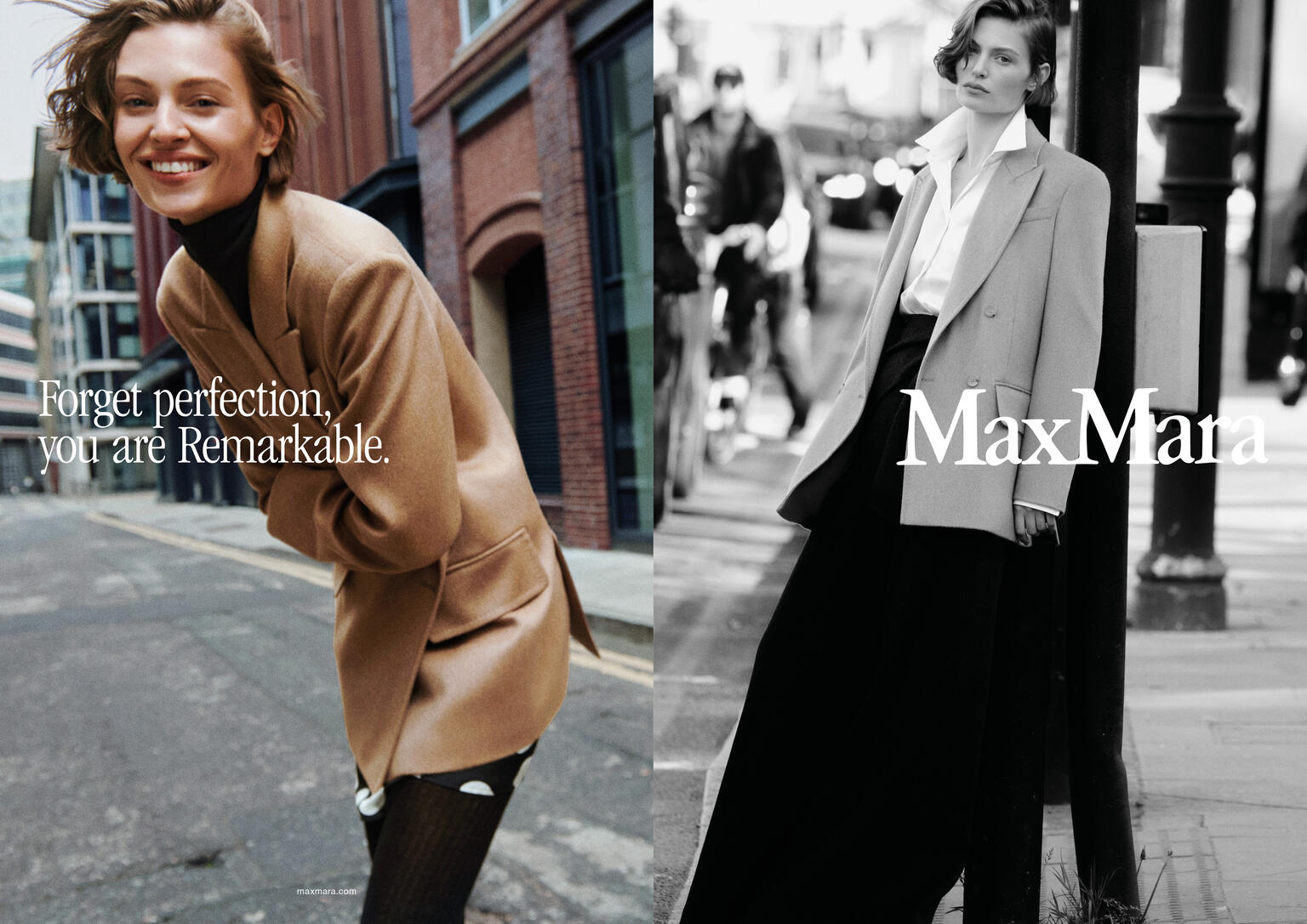 Two women model Max Mara blazers in a split-screen outdoor setting; one in color, the other in black and white, showcasing high fashion.