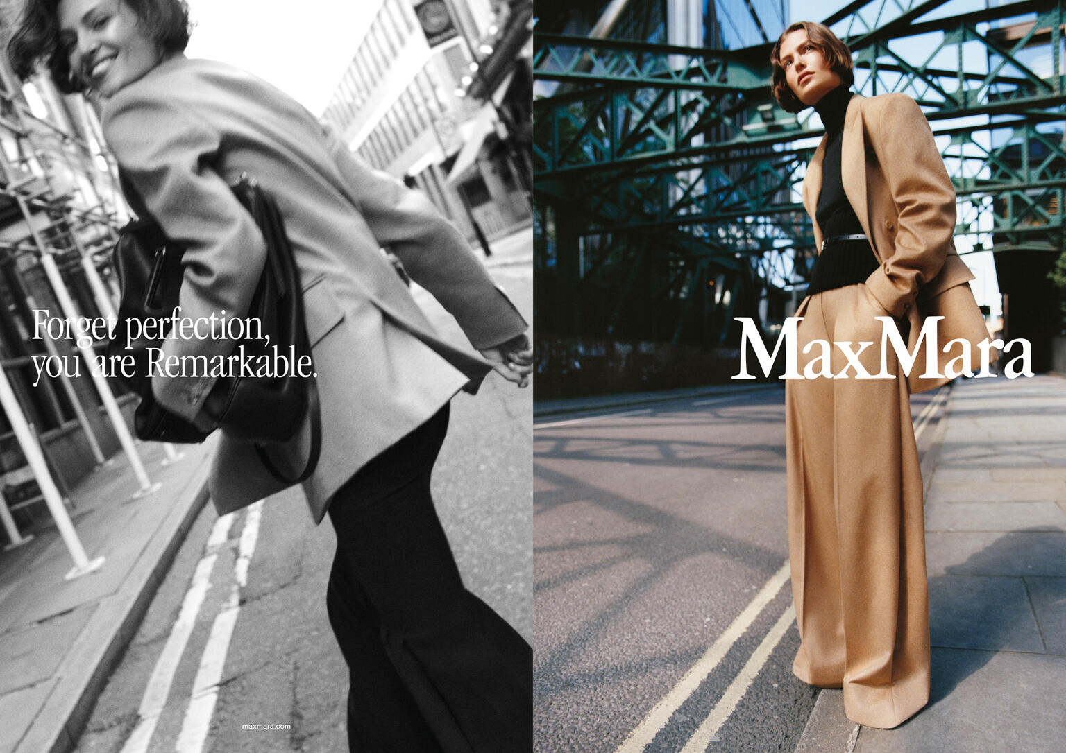 Two fashion models in urban environments wear tan blazers and black outfits. One smiles while carrying a black bag, and brand name visible.