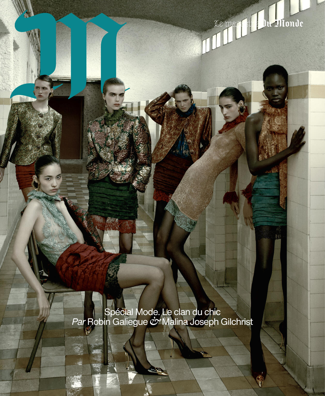 Editorial fashion shot featuring six women in patterned outfits posing indoors against a tiled wall in a magazine-style composition.