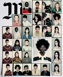 Collage of multiple portrait photographs of diverse models arranged against a white background with a large black gothic letter m