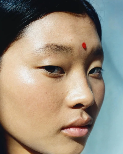 Portrait of a young Asian woman with fair skin, a red bindi on her forehead, captured in soft, natural lighting against a simple backdrop.
