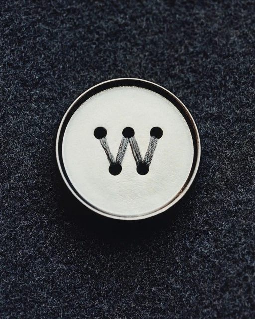 Close-up studio shot of a white button with a black letter W sewn on dark gray fabric, showcasing fashion and design elements.
