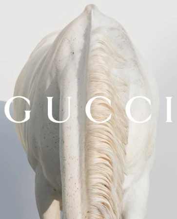 Close-up of a white horse from behind, its tail flowing downward, with the Gucci logo overlayed in white, against a bright white background.
