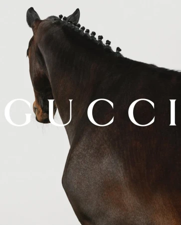 Close-up shot of the upper body of a brown horse in front of a white background, with the word 'GUCCI' in white letters.