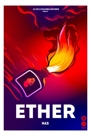 Album cover art for Nas' 'Ether' featuring illustration of molotov cocktail and portrait of Nas over red and purple background.