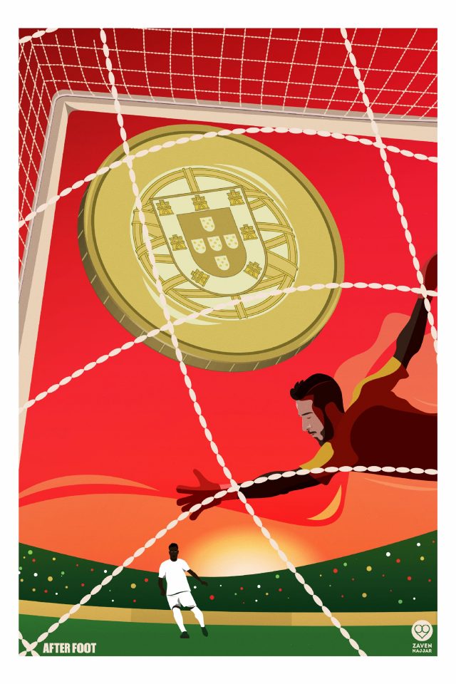 Illustration of soccer players in action near a soccer goal with the Portuguese coat of arms as the ball, red background.