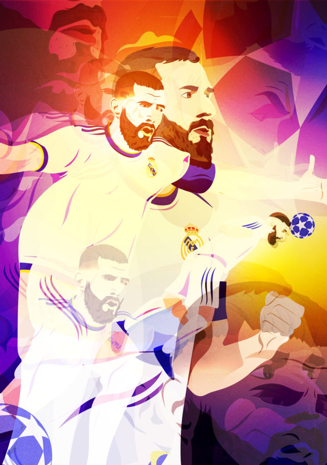 Illustration of a soccer player in a white jersey, with multiple overlaid images and geometric designs in hues of orange, yellow, and purple.