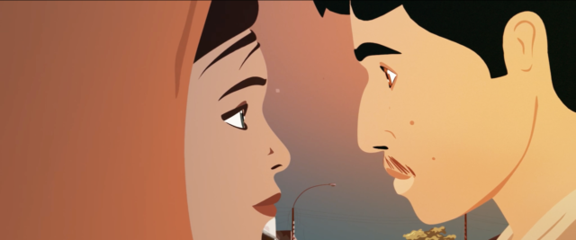 Animated close-up of a woman wearing a headscarf and a man looking at each other in a warm, stylized color palette.