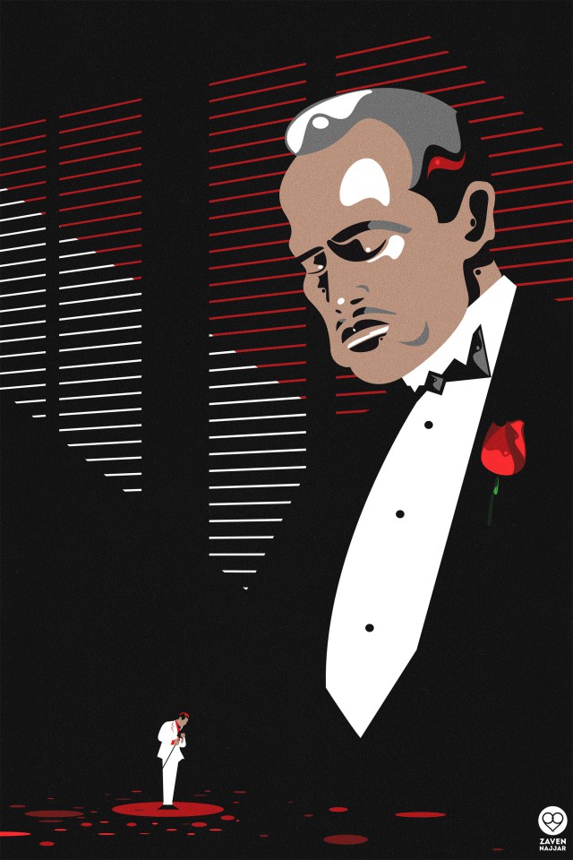 Illustration of an adult male in a tuxedo and red rose, standing above a smaller man on a stage in a dark, stylized scene.