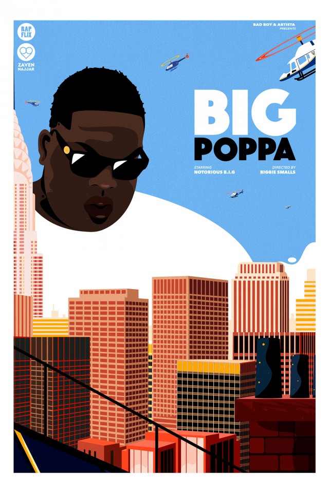 Illustration of Big Poppa over a cityscape, with helicopters in a blue sky. Modern, stylized, graphic design for music promotion.