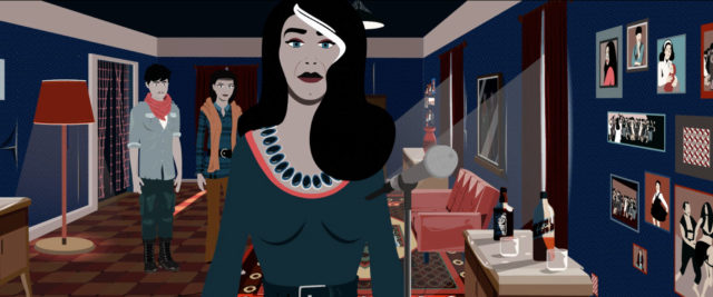 Animated scene depicting a woman in a blue dress standing in a room, with two people visible in the background near a doorway.
