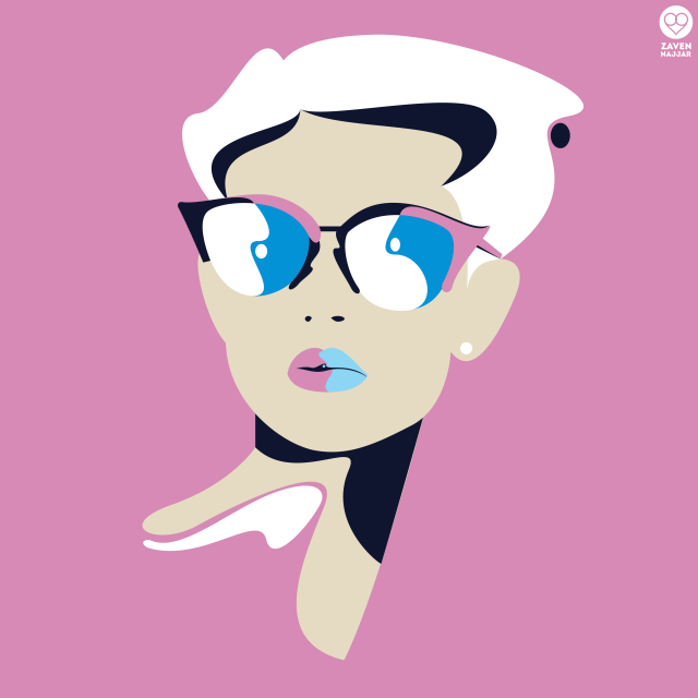 Illustration of a stylish person with short white hair, wearing trendy glasses and lipstick in a pink background, a vibrant artwork.