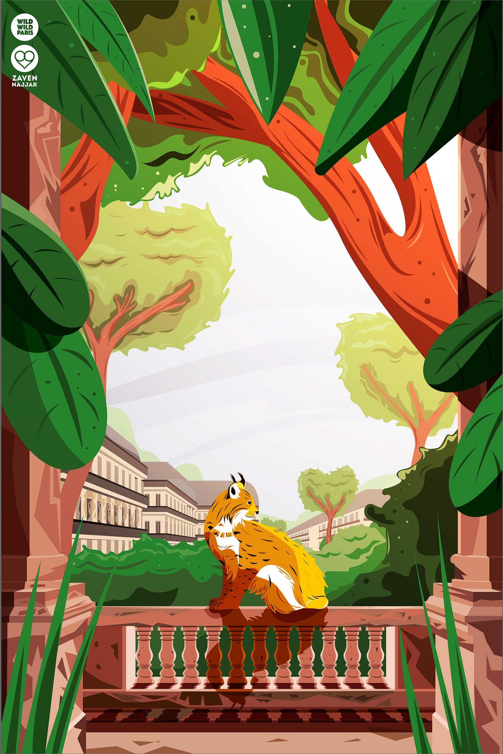 Illustration of a squirrel perched on a stone balcony, framed by trees and foliage, with a building in the background.