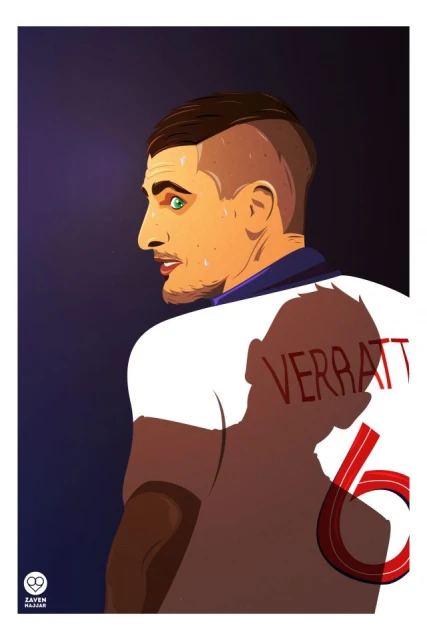 Illustration of soccer player Verratti in white jersey with number 6. Character design, sports art, against a purple background.