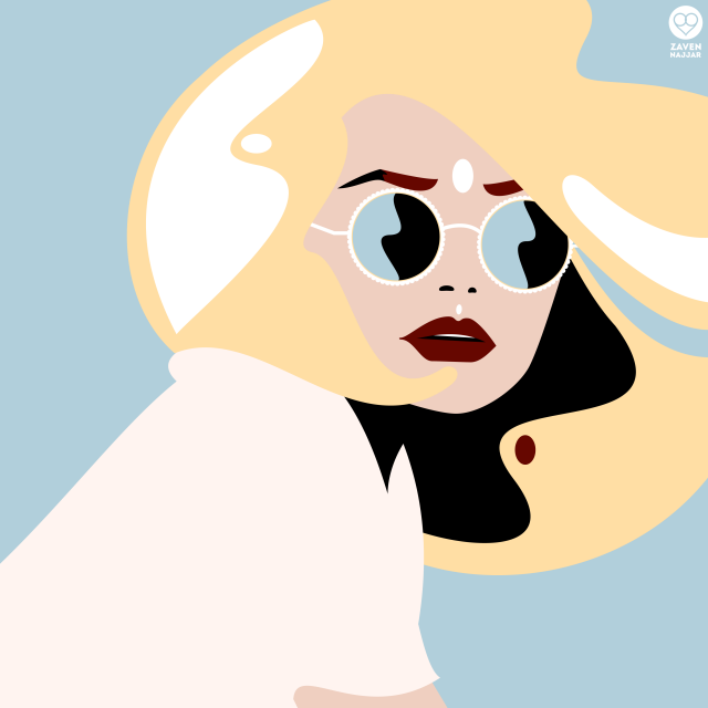 Illustration of a fair-skinned woman wearing round glasses and a hat, gazing sideways against a light blue background.