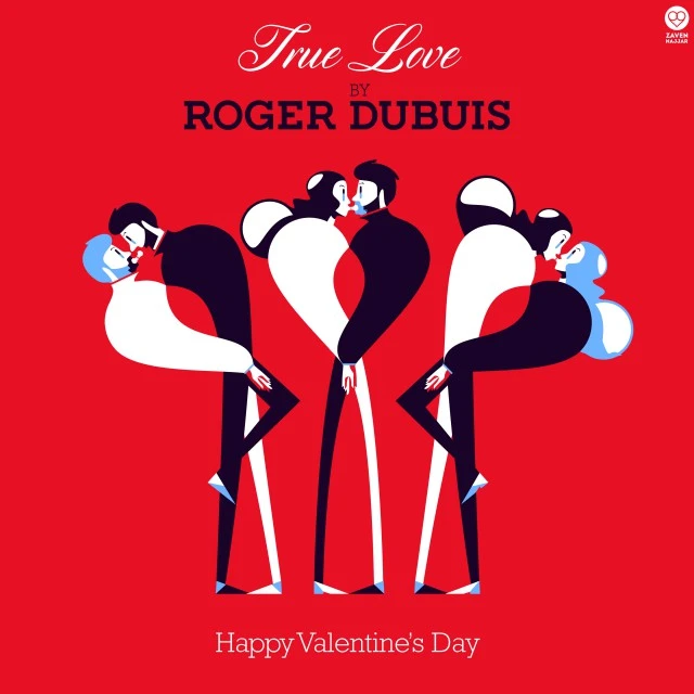 Illustration of three stylized couples kissing on a red background, promoting Roger Dubuis and Valentine's Day, with the text 'True Love'.