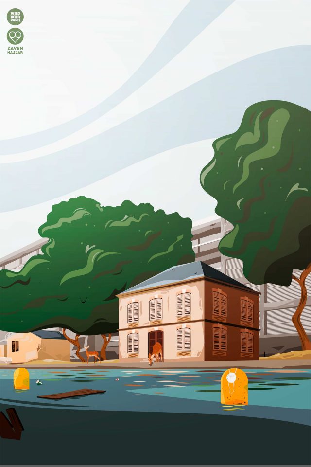 Illustration of a two-story house by a river with trees and a person sitting on the porch, rendered in a flat, graphic style.