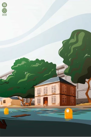 Illustration of a two-story house by a river with trees and a person sitting on the porch, rendered in a flat, graphic style.