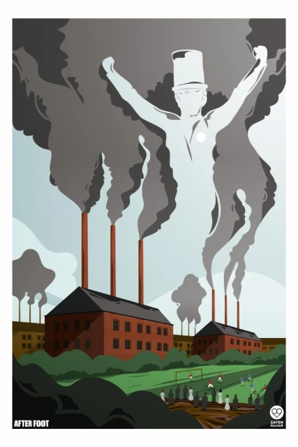 Illustration of a ghostly figure overlooking factories emitting smoke, with a soccer game in the foreground. A powerful visual metaphor.