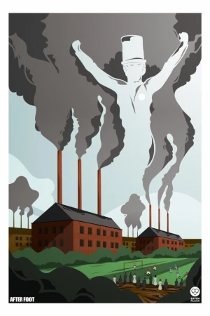 Illustration of a ghostly figure overlooking factories emitting smoke, with a soccer game in the foreground. A powerful visual metaphor.