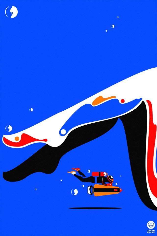 Illustration of a scuba diver with underwater scooter swimming under abstract legs and feet in white, red, orange, and black against blue.