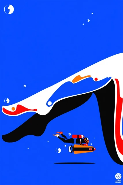 Illustration of a scuba diver with underwater scooter swimming under abstract legs and feet in white, red, orange, and black against blue.