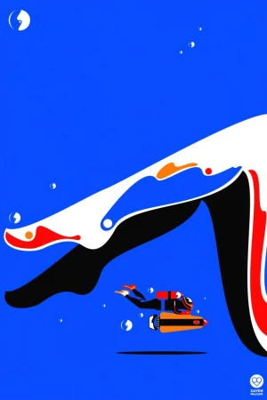 Illustration of a scuba diver with underwater scooter swimming under abstract legs and feet in white, red, orange, and black against blue.
