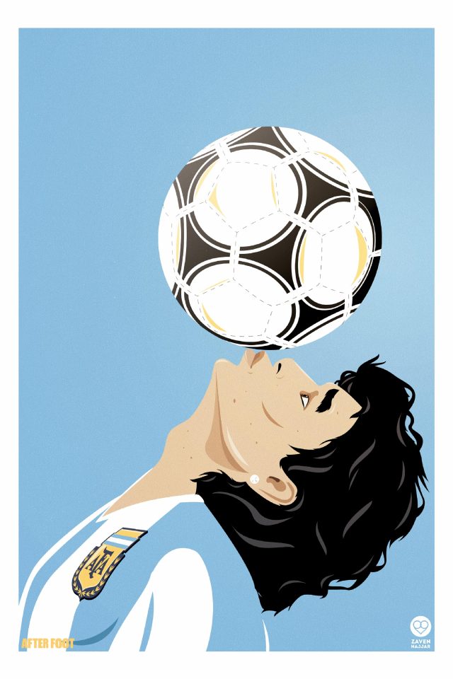 Digital art illustration of Diego Maradona with a soccer ball balanced on his nose against a light blue backdrop, wearing his Argentinian jersey.