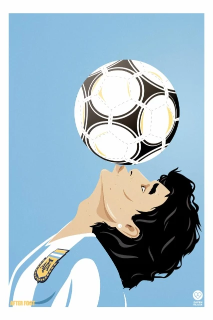 Digital art illustration of Diego Maradona with a soccer ball balanced on his nose against a light blue backdrop, wearing his Argentinian jersey.