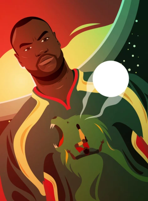 Illustration of an adult man wearing a sports shirt, with a lion graphic containing a second human figure, on a stylized background.