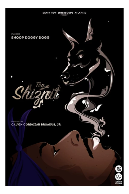 Illustration features Snoop Dogg movie poster, 'Tha Shiznit,' with a dog graphic, figure portrait, black backdrop, and stylized text.