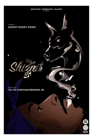 Illustration features Snoop Dogg movie poster, 'Tha Shiznit,' with a dog graphic, figure portrait, black backdrop, and stylized text.